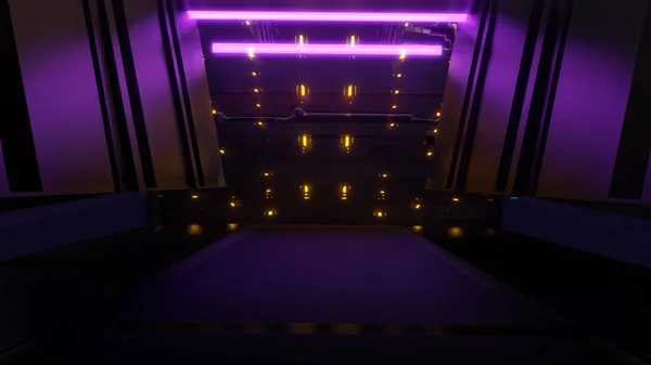 3d виртуальный туннель с технологией кибер-панк фиолетовый ночь и розовый темный фон. 3d-рендеринг — стоковое фото