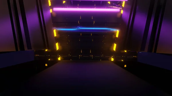 3D virtuell tunnel med teknik cyber punk lila natt och rosa mörk bakgrund. 3d-konvertering — Stockfoto