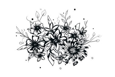 El çizimi çiçekler ve böcekler. Vektör sayfalı siyah ve beyaz renk deseni