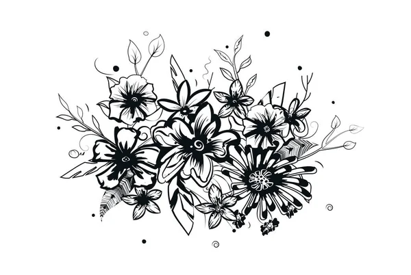 El çizimi çiçekler ve böcekler. Vektör sayfalı siyah ve beyaz renk deseni