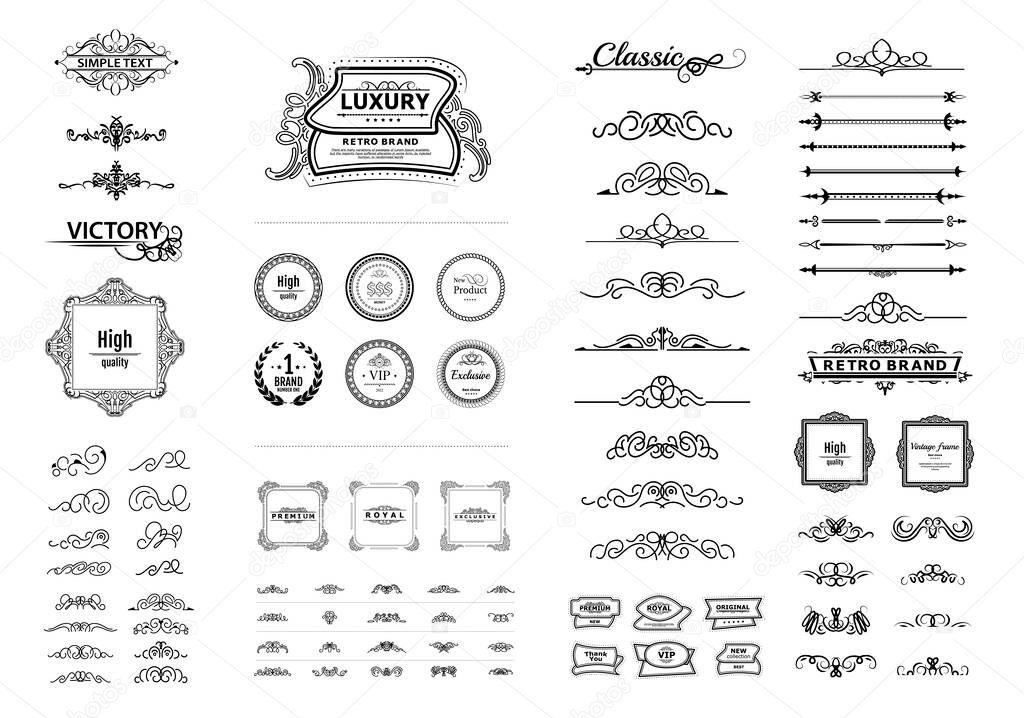 Vector set of retro decorations for wedding cards, decorating valentines, framing title of different printed products.