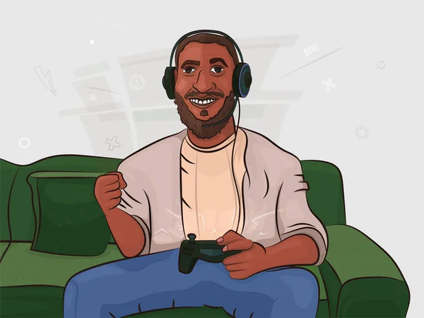 Gamer videojátékozik a kanapén. Egy afro-amerikai játszik egy konzolon és egy gamepad a kezében. Vektor illusztráció rajzfilm — Stock Vector