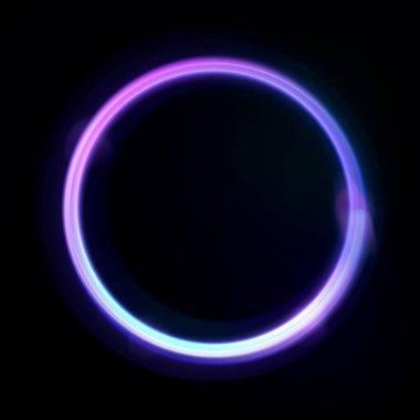 Karanlık arka planda parlak efektleri olan neon dairesel çerçeve. Boş mor parlak tekno