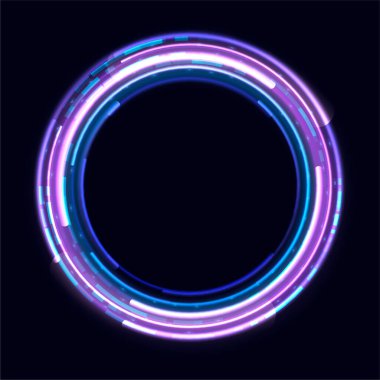 Karanlık arka planda parlak efektleri olan neon dairesel çerçeve. Boş mor parlak tekno