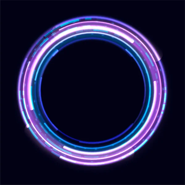 Moldura de círculo de néon com efeitos brilhantes no fundo escuro. Vazio roxo brilhante techno — Vetor de Stock