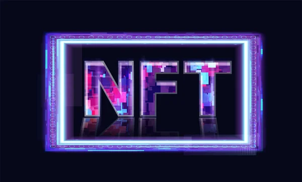 Концептуальний банер NFT нерозчинні токени з яскравим сяйвом на темному тлі. Векторні ілюстрації — стоковий вектор