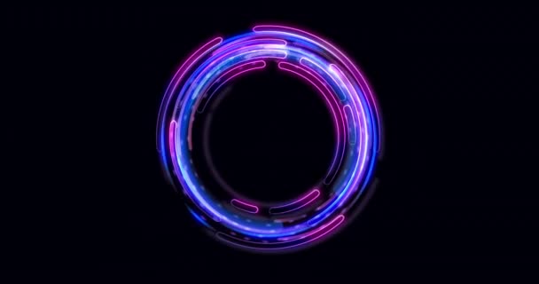 Renderizar rotação círculo de néon do quadro com efeitos brilhantes sobre o fundo escuro. Animação de vídeo Vazio roxo — Vídeo de Stock