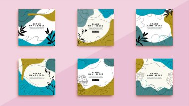 Renkli lekeli vektör kaplaması, bitki ve yaprak siluetleri. Poster, el ilanı, broşür ya da kartvizit tasarımı için modaya uygun şablonlar. Mavi ve açık kahverengi arkaplan seti