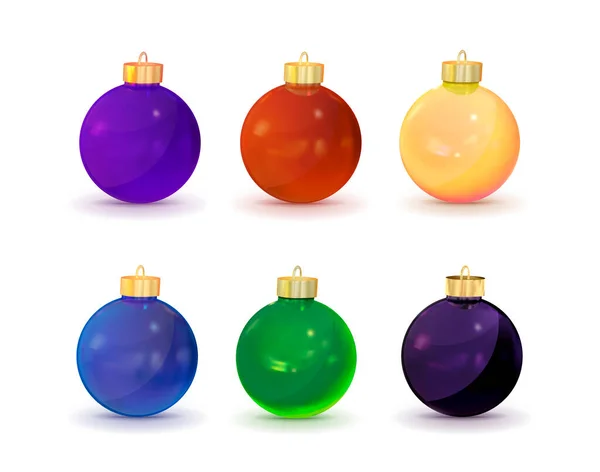 光の反射とカラフルなクリスマスボール 緑の色のクリスマスの装飾ボール 白い背景にクリスマスボールのセット リアルなベクトルイラスト — ストックベクタ