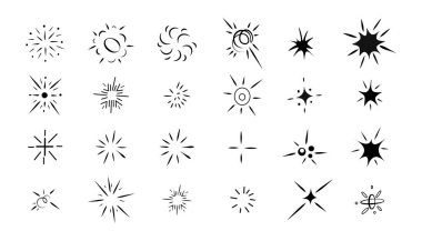 Yeni yıl ışıkları koleksiyonu, selam elementleri ve çeşitli dekoratif tabelalar. Vektör tasarımı için siyah fraktal işaretler. Dairesel dekoratif fişekler ve beyaz arkaplanda ışıklar.