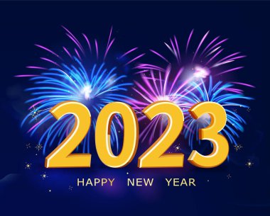Happy new year 2023 vector banner. New year holiday cover with gold 2023 number and fireworks. Abstract blue and purple background. Abstract background with fireworks and sparkle. Vector illustration
