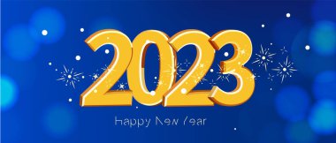 Mutlu yıllar 2023 vektör bayrağı. Yeni yıl kapağında harfler var. Soyut koyu arkaplan. Mor ve bulanık arkaplan. Vektör illüstrasyonu