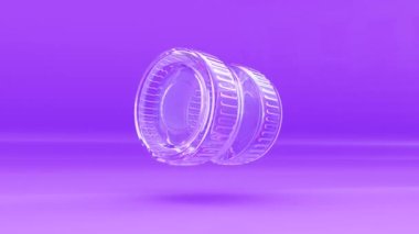 Iridescent glass crystal. Translucent glass block spin on purple background. Rotation in flight of a white glossy 3d cylinder. 3D abstract animation. Motion design element. 3D render. Seamless loop.