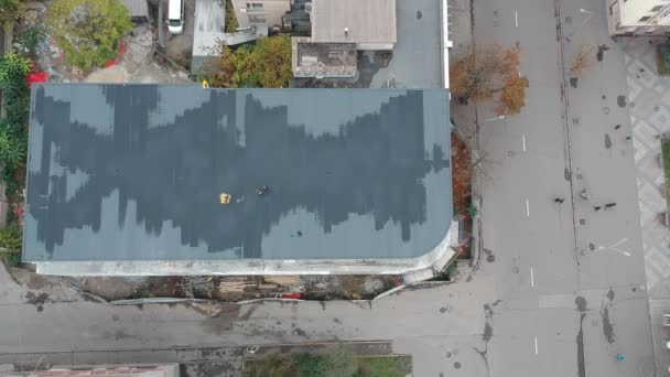 Tetőszerkezet Légi Rálátás Építkezés Helyén Habbal Beton Polisztirol Ruberoid — Stock videók