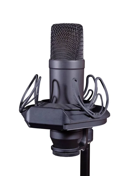 Czarny Mikrofon Studyjny Kondensatora Mocowaniu Wstrząsowym Izolowany Białym — Zdjęcie stockowe