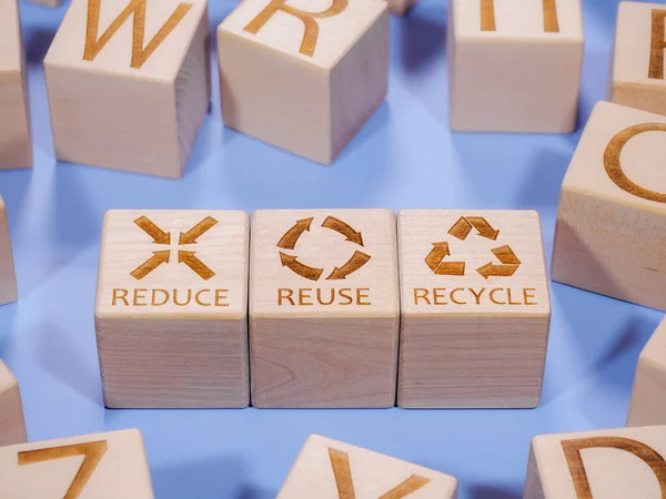 REDUCE, REUSE and RECYCLE inscription on wooden cubes
