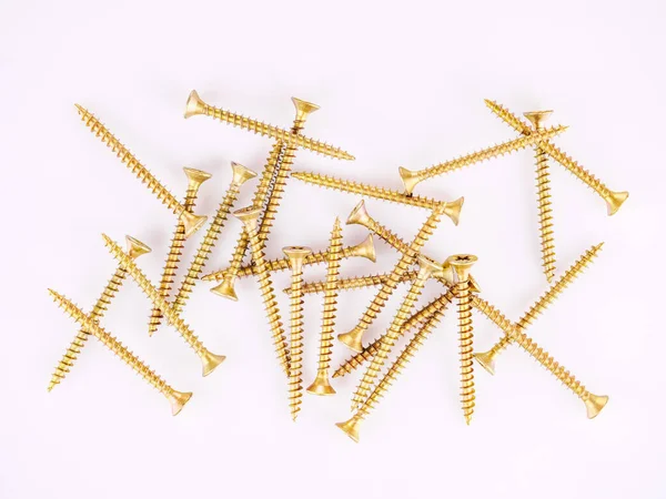 Bunch Gold Self Tapping Screws White Background — Foto Stock