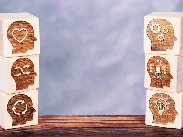 Soft power skills symbols on wooden cubes as concept of of modern technology management