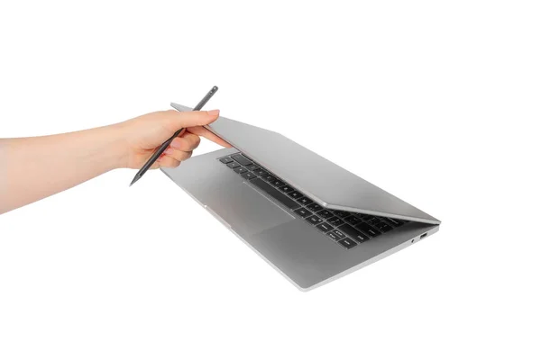 Kobieta Ręka Otwiera Nowoczesne Srebrny Laptop Izolowany Białym Tle — Zdjęcie stockowe
