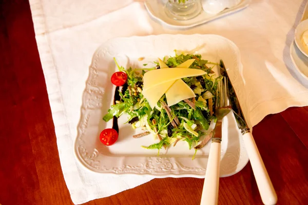 Salad Meat Vegetables Cheese Vintage Plate — Stock Photo, Image