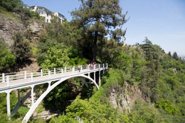 Tiflis. Gürcistan - 15 Mayıs 2019: Botanik bahçesindeki dağ nehirleri üzerinde beyaz köprü