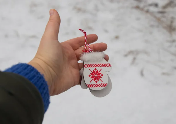 Merry Christmas Happy New Year Wooden Mittens Skates — Stock Photo, Image