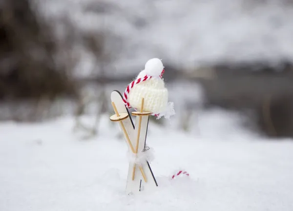 Merry Christmas Happy New Year Tiny Wooden Skis Knitted Hat — Stock Photo, Image