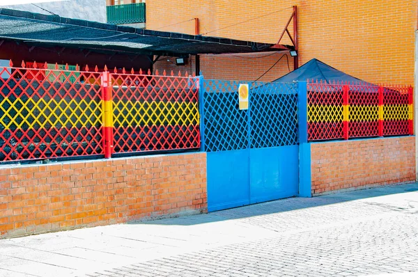 Bar entrance with spanish flag colors. National day in Spain. October