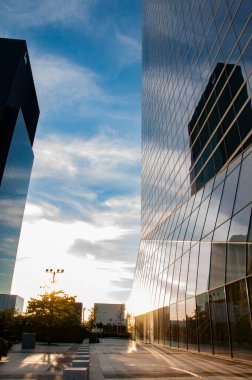 Modern glass office buildings against the sky at sunset. Bottom up view. Madrid , Spain