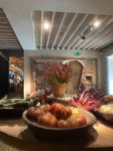 Okyanus dalgalı fileto. İçi ahşap, sebze yemekleri ve eski moda çatal bıçakları olan bir restoran..