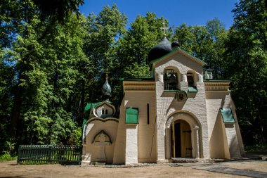 Ormandaki Ortodoks Kilisesi ağaçların arka planına karşı