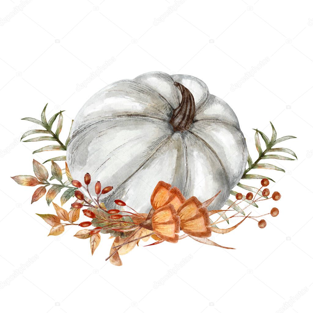 Fall pumpkin arrangement, beautiful autumn decoration, isolated on white background.