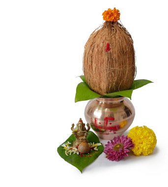 Kalash pujan ganesha pujan Hint festivali akshaya tritiya dekoratif kalash hindistan cevizi ve çiçek desenli yaprak