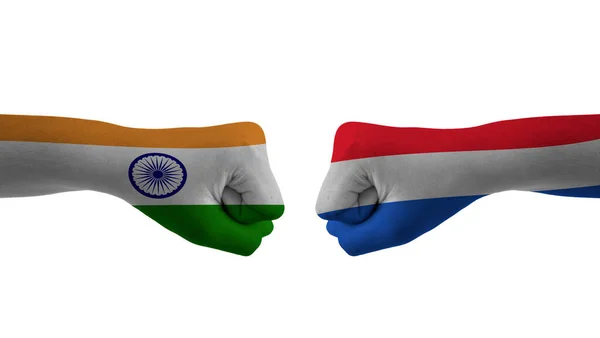 Індія Проти Нідерландів Вручну Тримає Прапор Чоловічої Руки Індією Проти — стокове фото