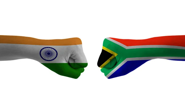 Індія Проти Південно Африканської Республіки Руки Чоловіка Індією Проти Прапора — стокове фото