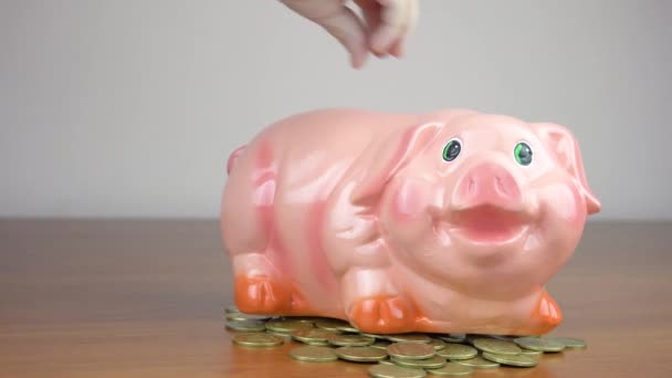 Uma mão de crianças está colocando uma moeda em um banco porquinho estilo de vida em um fundo amarelo. — Vídeo de Stock