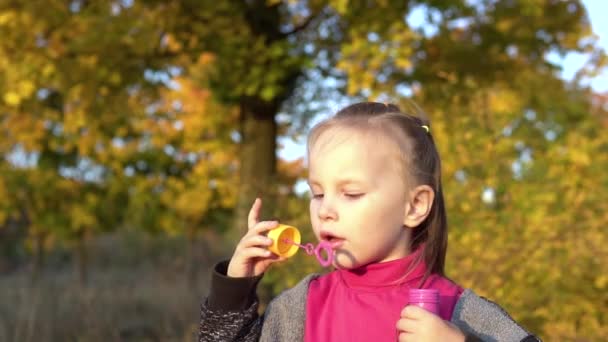 Piękna dziewczynka dmucha w bańki mydlane. Zabawa w jesiennym parku. — Wideo stockowe