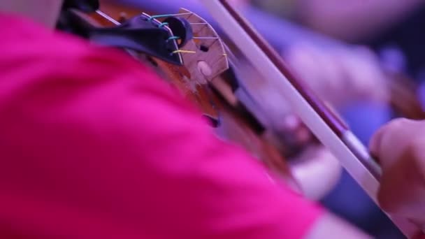 바이올린 과 손을 활로 감아. 심포니 오케스트라. 바이올린 연주자들의 공연. 클래식 음악 — 비디오