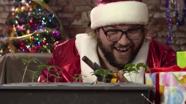 疯狂的圣诞老人点着一个有燃烧器的小餐馆，在他面前放着一些医用大麻. — 图库视频影像
