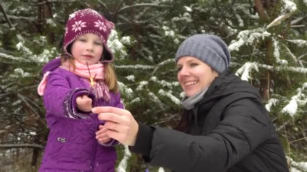 Een moeder en haar dochtertje kijken naar de brandende sterren in het winterwoud. — Stockvideo