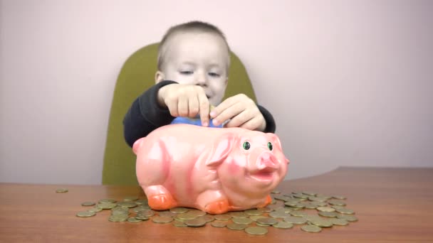 Glücklicher Junge Kind wirft Münzen in ein Sparschwein. Sparkonzept. — Stockvideo