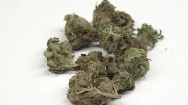 Beyaz bir arka planda kuru marihuana cilt bakımı. Marihuana üçlüsü yakın çekim .45 'lik.