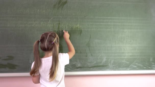 Une petite étudiante écrit des lettres à la craie sur un conseil scolaire. Enseignement préscolaire.4k — Video
