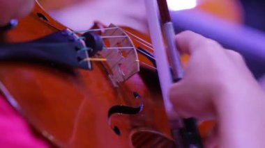 Bir keman ve bir yay ile yakın çekim. Senfoni Orkestrası. Kemancılar gösteri yapıyor. Klasik müzik.