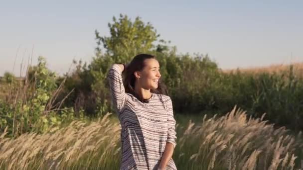 Vinden blåser håret och klänningen av en vacker ung flicka som står på fältet. Långsamma rörelser. — Stockvideo