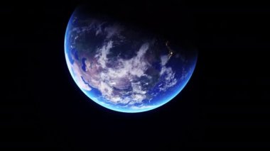 Atmosferik Bulut Animasyonu, Gezegen Dönüşü ve Şehir Işıklandırma Efektleri ile Gerçekçi Dünya Gezegeni 'ne uzaydan 4-U1 Görünümü.