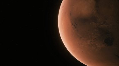 3D 'nin 32-P1 görünümü atmosferli ve yıldızlı gerçekçi gezegen Mars' ı gösteriyor.