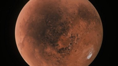 3D 'ye ait 45-P1 görünümü atmosferli ve yıldızlı gerçekçi gezegen Mars' ı yansıtıyor.