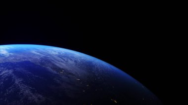 Uzaydan, atmosferik Bulutlarla Gerçekçi Dünya Gezegeni 'nin 27-P1 Güzel Manzarası. Yüksek detaylı 3B görüntüleme.