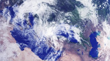 31-P1 Gerçekçi Gezegen Dünya yüzeyinin atmosferik bulutlarla dolu güzel manzarası. Yüksek detaylı 3B görüntüleme.